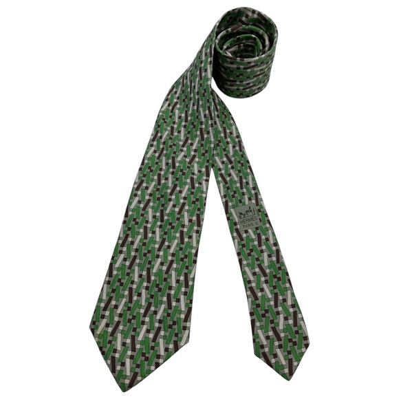 HERMÈS 5423 OA XL Green Monogram H Silk LUXURY Tie FRANCE - Picture 1 of 6